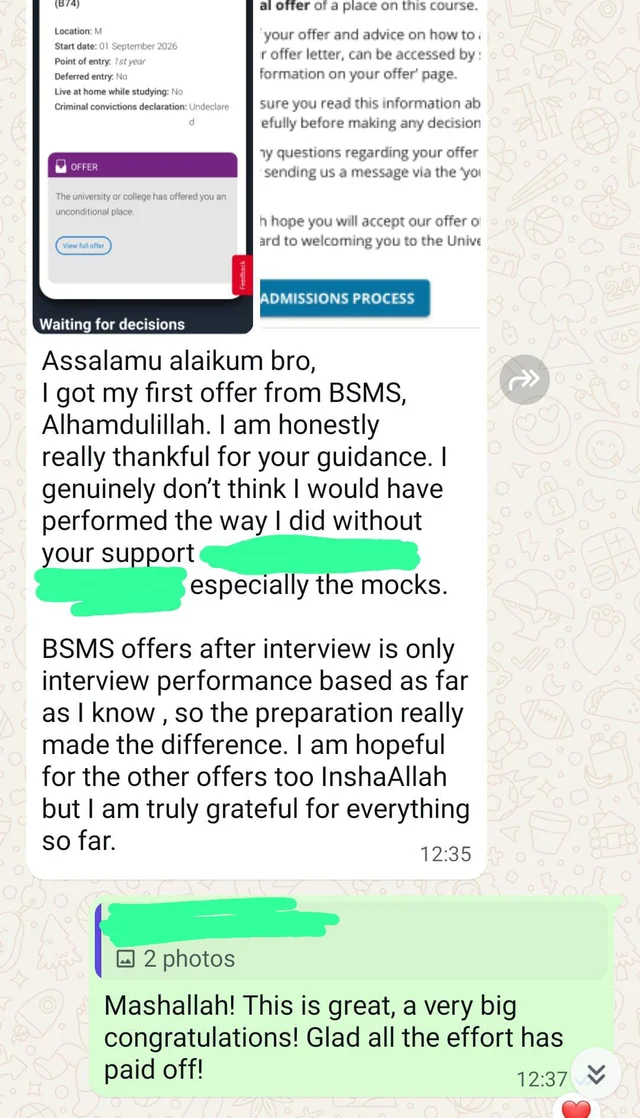 Original BSMS conversation: I genuinely don’t think I would have performed the way I did without your support. Names obscured in the supplied screenshot.