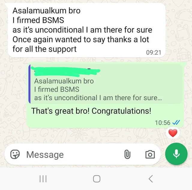 Original BSMS conversation: Once again wanted to say thanks a lot for all the support. Names obscured in the supplied screenshot.