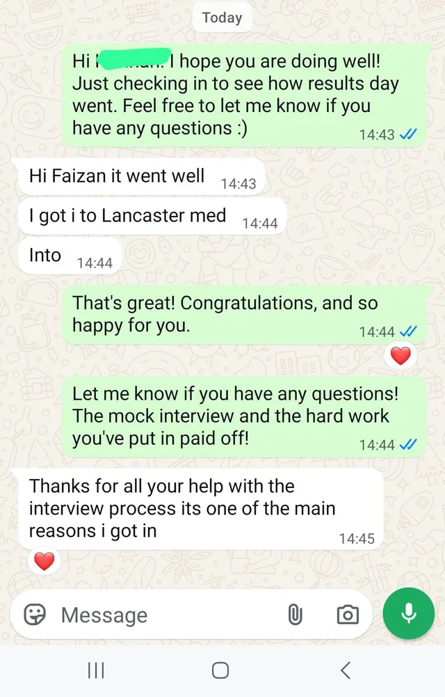 Original Lancaster conversation: Thanks for all your help with the interview process its one of the main reasons i got in. Names obscured in the supplied screenshot.