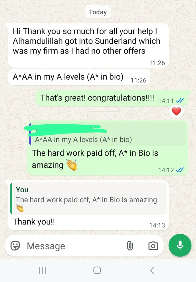Original Sunderland conversation: Hi Thank you so much for all your help I Alhamdulillah got into Sunderland. Names obscured in the supplied screenshot.