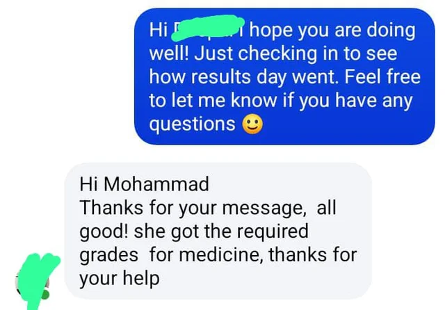 Original Medicine conversation: She got the required grades for medicine, thanks for your help. Names obscured in the supplied screenshot.