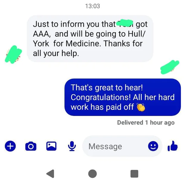 Original Hull / York conversation: Will be going to Hull/ York for Medicine. Thanks for all your help.. Names obscured in the supplied screenshot.
